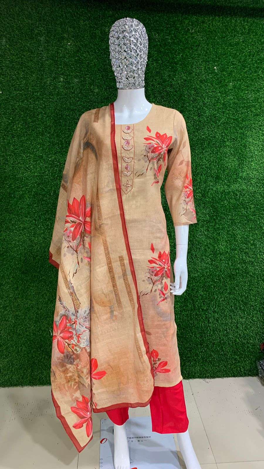 BEMITEX INDIA PRESENTS LINEN WITH DIGITAL PRINT & HANDWORK ORANGE READYMADE 3 PIECE SUIT COLLECTION WHOLESALE SHOP IN SURAT